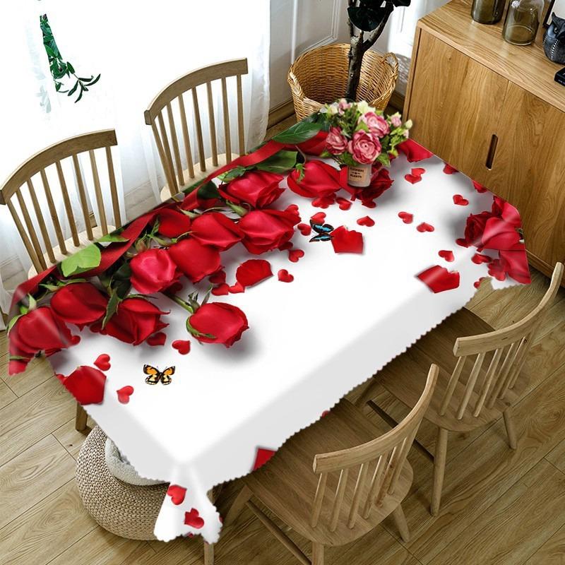 Blooming Pink Rose and Beautiful Seductive Red Rose Dustproof Washable Cloth Rectangular Tablecloth Wedding Decor Nappe De Table