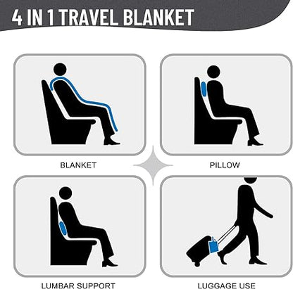 Travel Blanket Pillow, Premium Soft Airplane Blanket, 2 in 1 Combo Set Luggage Strap, Backpack Clip, Flight Essentials with Bag Pillowcase, 66'' x45'', Grey