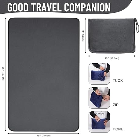 Travel Blanket Pillow, Premium Soft Airplane Blanket, 2 in 1 Combo Set Luggage Strap, Backpack Clip, Flight Essentials with Bag Pillowcase, 66'' x45'', Grey