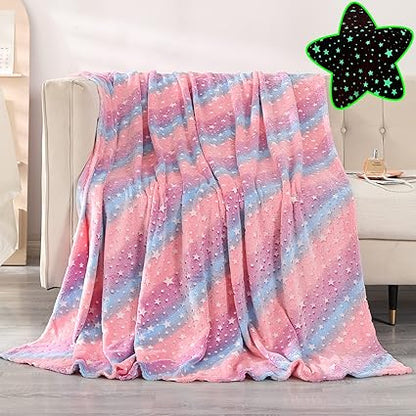 Glow in The Dark Rainbow Stars Throw Blanket for Kids 60" x 80" Pink Luminous Bed Blanket Twin Size Shining Flannel Fleece Blanket Couch Sofa Bed Nap Blanket for Baby Girls Boys Adults