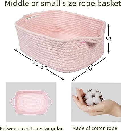 Woven Cotton Rope Storage Basket with Handles for Organizing Shelves Closet Small Cat Dog Pet Toy Basket Box Bin Decorative Rectangle Baby Nursery basket Gift Basket Empty Light pink