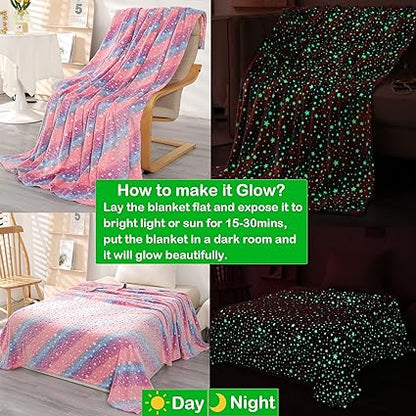 Glow in The Dark Rainbow Stars Throw Blanket for Kids 60" x 80" Pink Luminous Bed Blanket Twin Size Shining Flannel Fleece Blanket Couch Sofa Bed Nap Blanket for Baby Girls Boys Adults