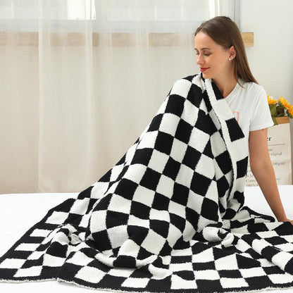 Half Fleece Checkerboard Blanket Knitted Jacquard Black and White Checkerboard Blanket Flannel Blanket Sofa Blanket Full Blanket