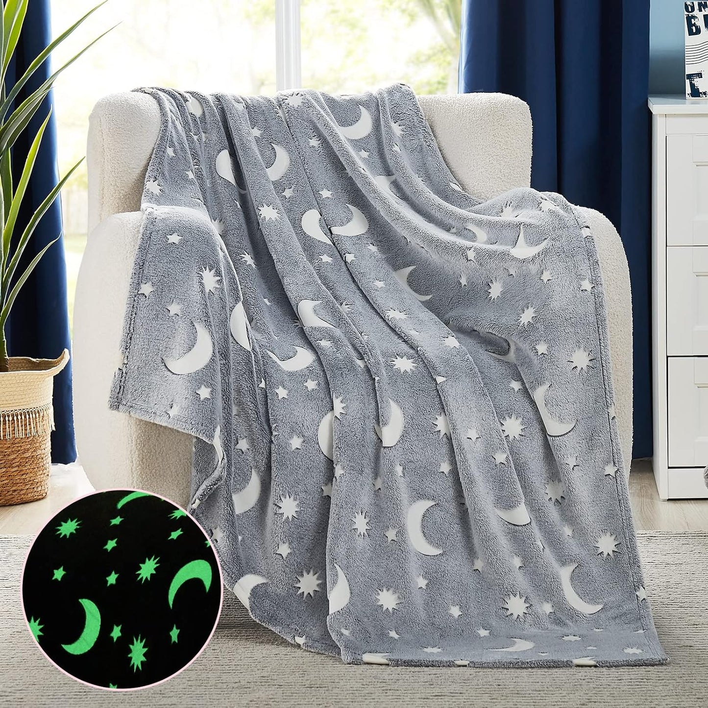 Glow in The Dark Blanket - Grey 50" x 60" Soft Star Moon Kids Throw Blanket for Boys Personalized Cute Star Moon Fleece Plush Blanket Gifts Toys As Thanksgiving Birthday Christmas Easter Gift