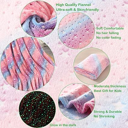 Glow in The Dark Rainbow Stars Throw Blanket for Kids 60" x 80" Pink Luminous Bed Blanket Twin Size Shining Flannel Fleece Blanket Couch Sofa Bed Nap Blanket for Baby Girls Boys Adults