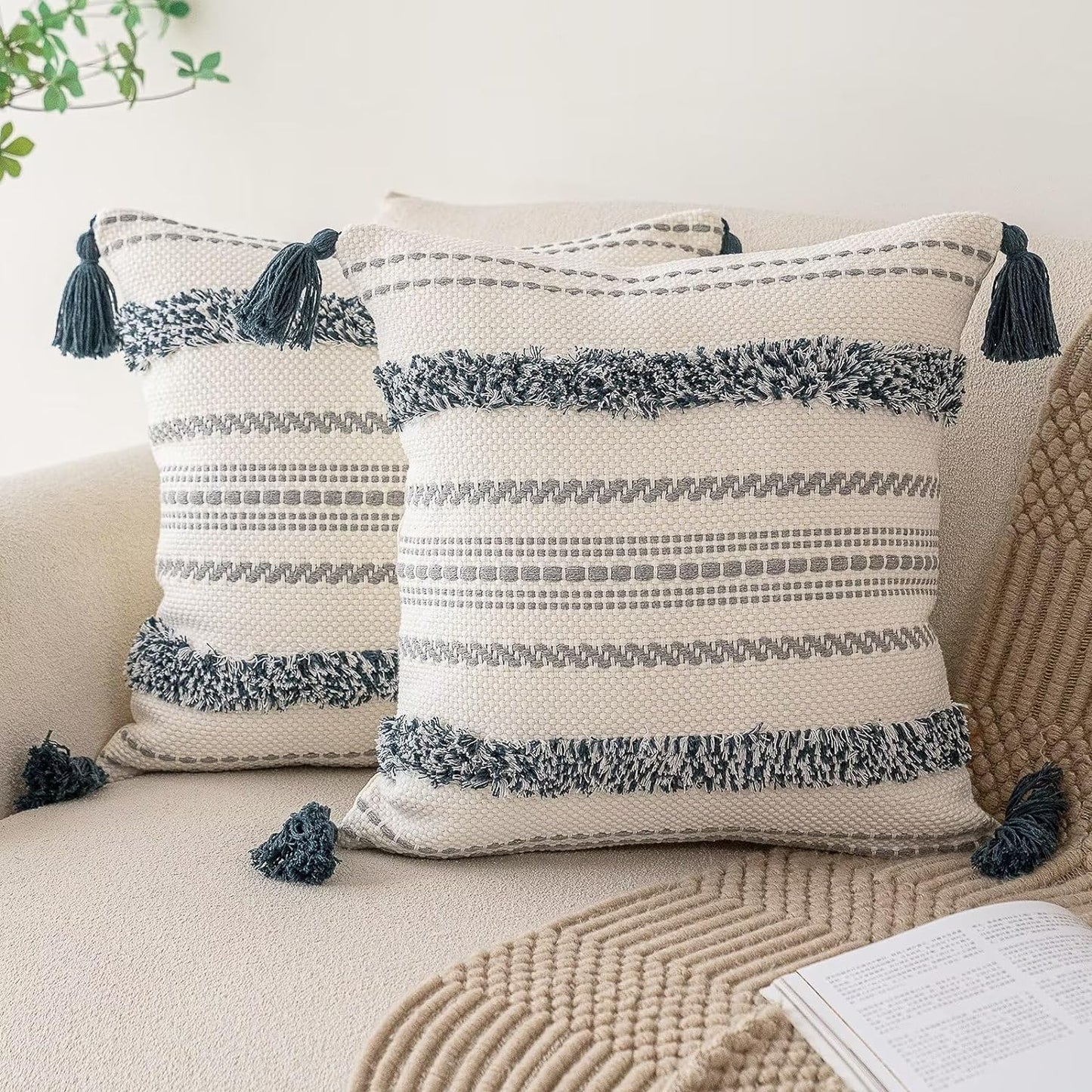 Boho Throw Pillow Covers 18x18 Set of 2 Woven Tufted Farmhouse Pillows Cover with Tassels Textured Striped Cushion Case Neutral Pillow Cases Decorative Pillowcase for Couch, Bed, Light Green