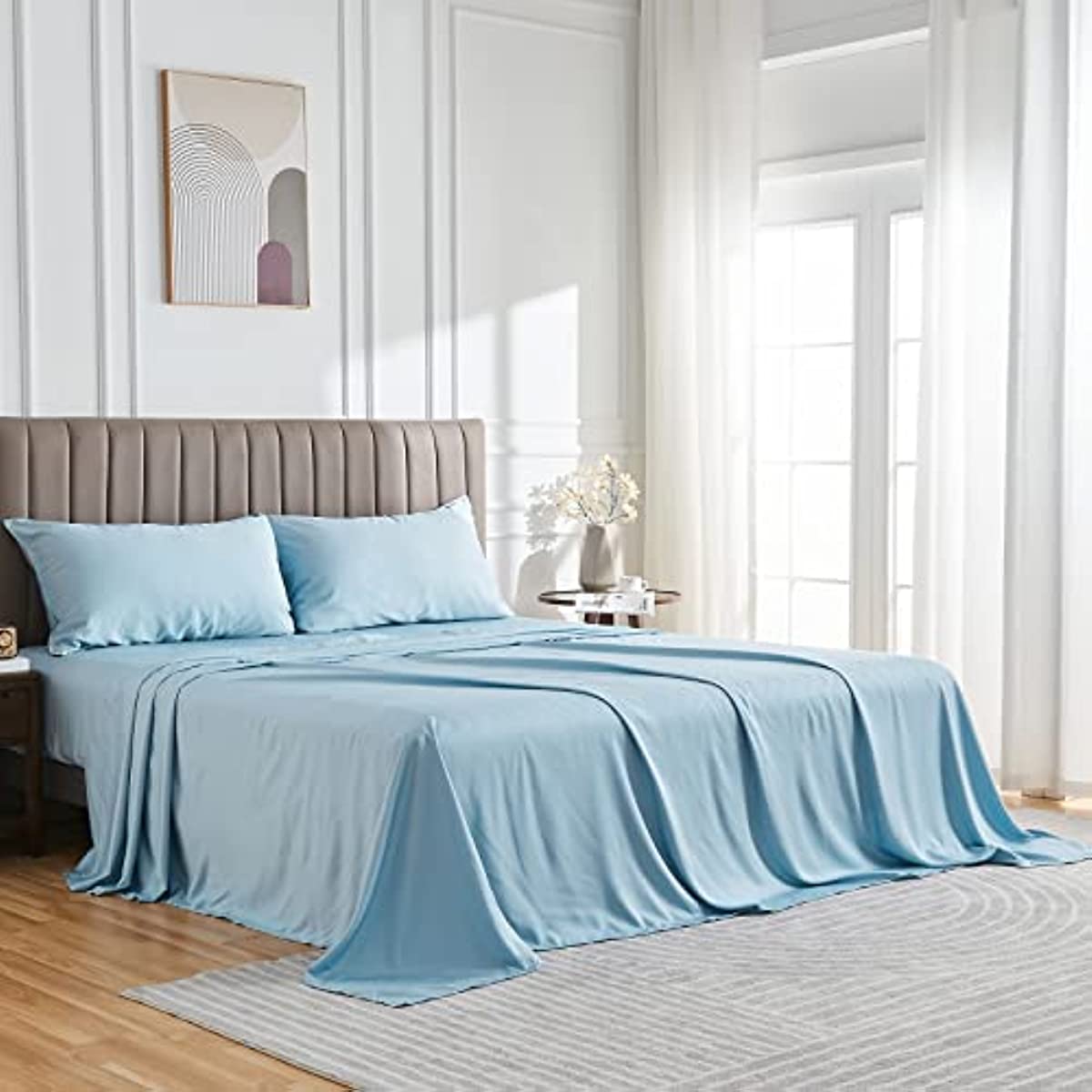 WOD FAMY King Size 100% Bamboo Sheet Set 16 Deep Pocket Cooling Breathable  Bamboo Bed Sheets Soft Hotel Bedding Sheet Sets Light Blue
