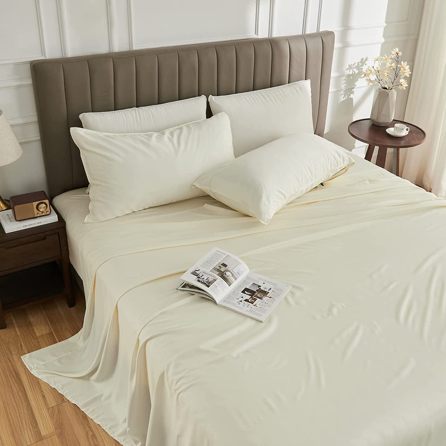 WOD FAMY King Size 100% Bamboo Sheet Set 16" Deep Pocket Cooling Breathable Bamboo Bed Sheets Soft Hotel Bedding Sheet Sets Light Blue